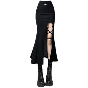 Y2K Slit High Waist Fishtail Skirt ME12 - Black / S