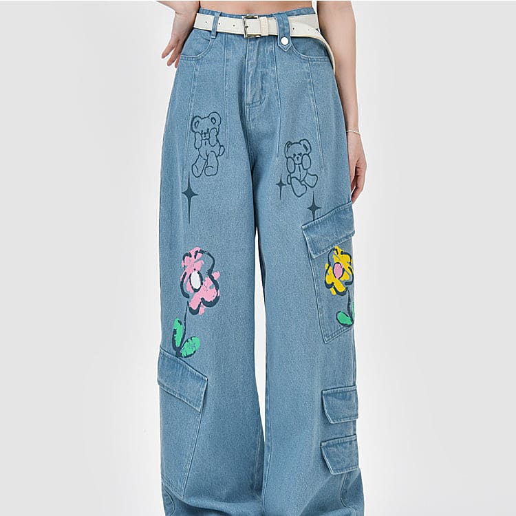 Y2K Style Denim Baggy Blue Bear Pants ON625 - jeans