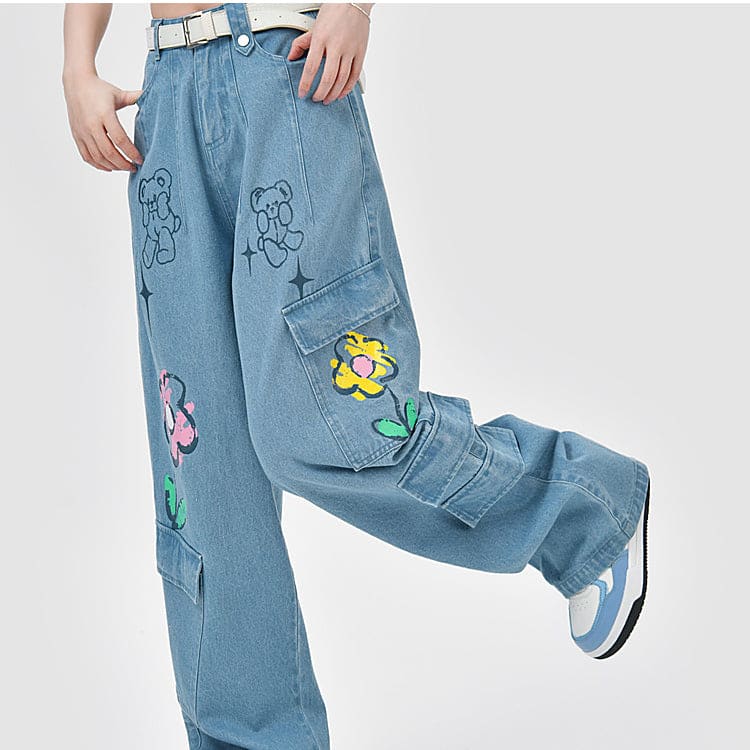 Y2K Style Denim Baggy Blue Bear Pants ON625 - jeans