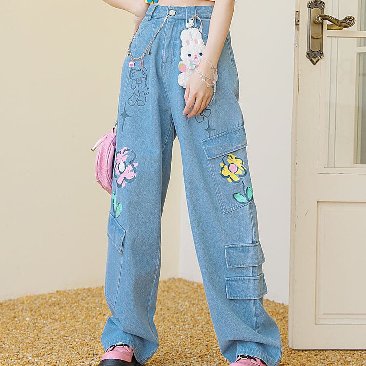 Y2K Style Denim Baggy Blue Bear Pants ON625 - jeans