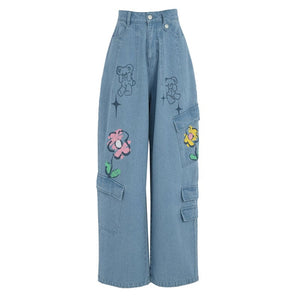 Y2K Style Denim Baggy Blue Bear Pants ON625 - jeans