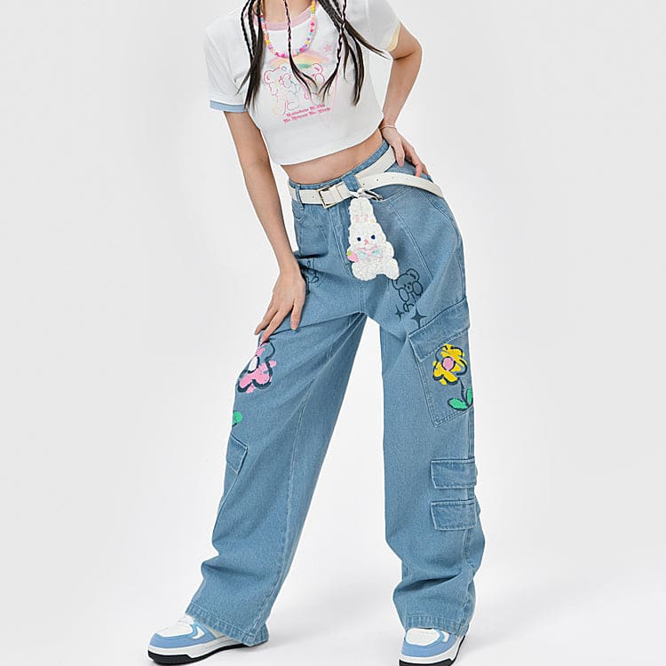 Y2K Style Denim Baggy Blue Bear Pants ON625 - jeans