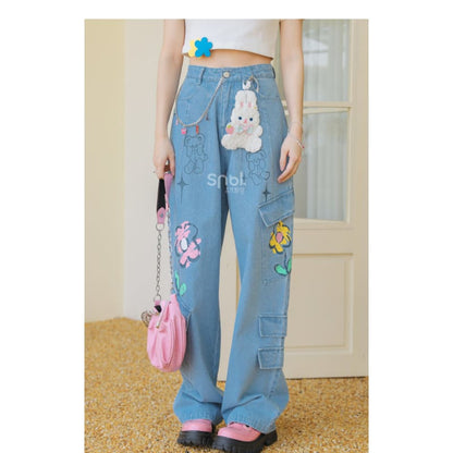 Y2K Style Denim Baggy Blue Bear Pants ON625 - jeans