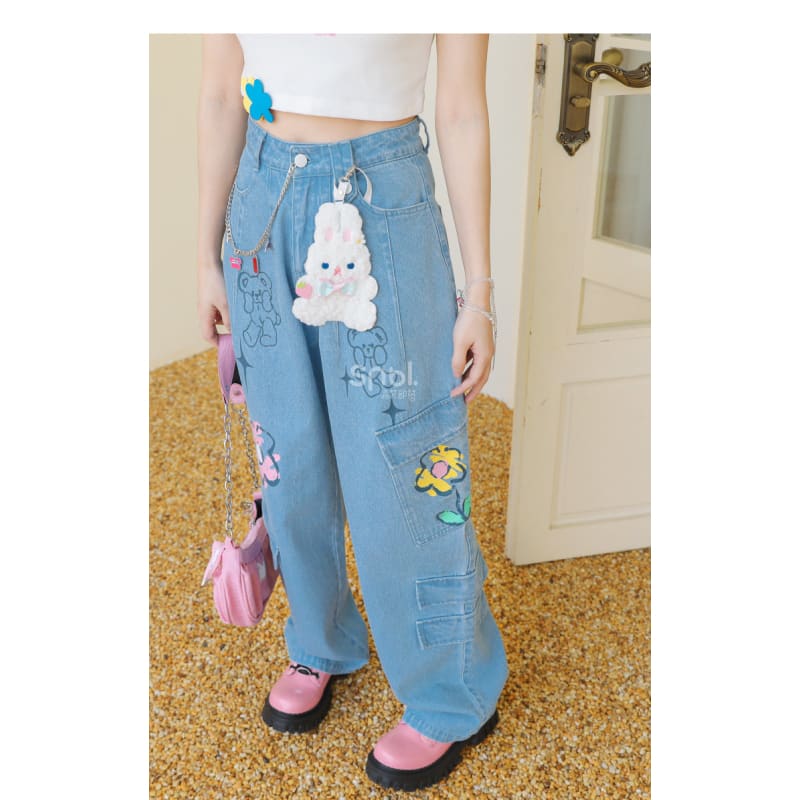 Y2K Style Denim Baggy Blue Bear Pants ON625 - jeans