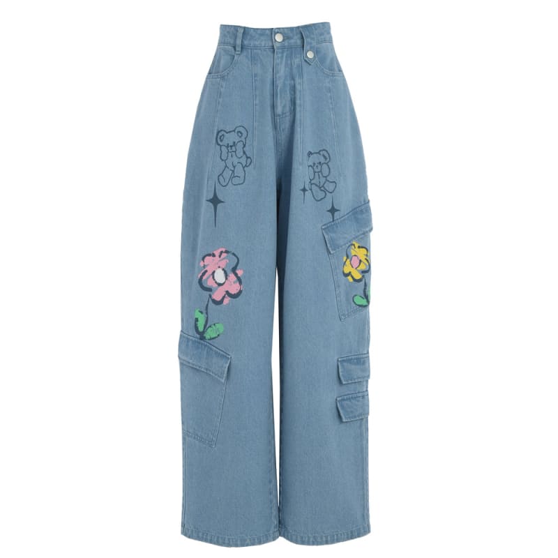 Y2K Style Denim Baggy Blue Bear Pants ON625 - jeans