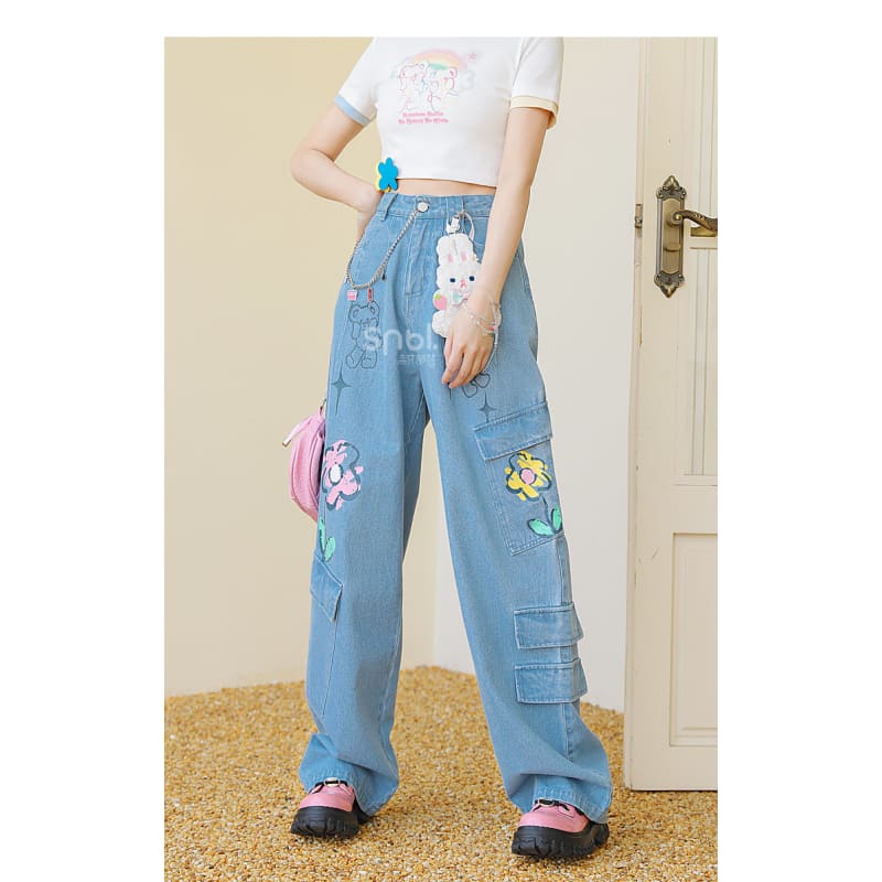 Y2K Style Denim Baggy Blue Bear Pants ON625 - jeans