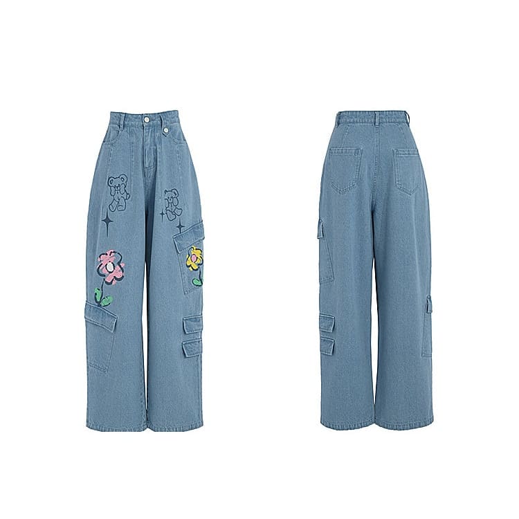 Y2K Style Denim Baggy Blue Bear Pants ON625 - jeans