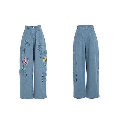 Y2K Style Denim Baggy Blue Bear Pants ON625 - jeans