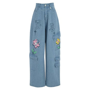 Y2K Style Denim Baggy Blue Bear Pants ON625 - S / blue -